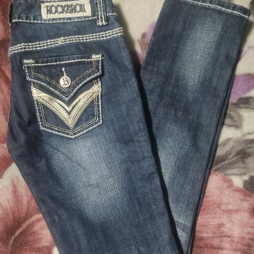 Rock & Roll Cowgirl Dark Blue Jeans with Silver Stitching